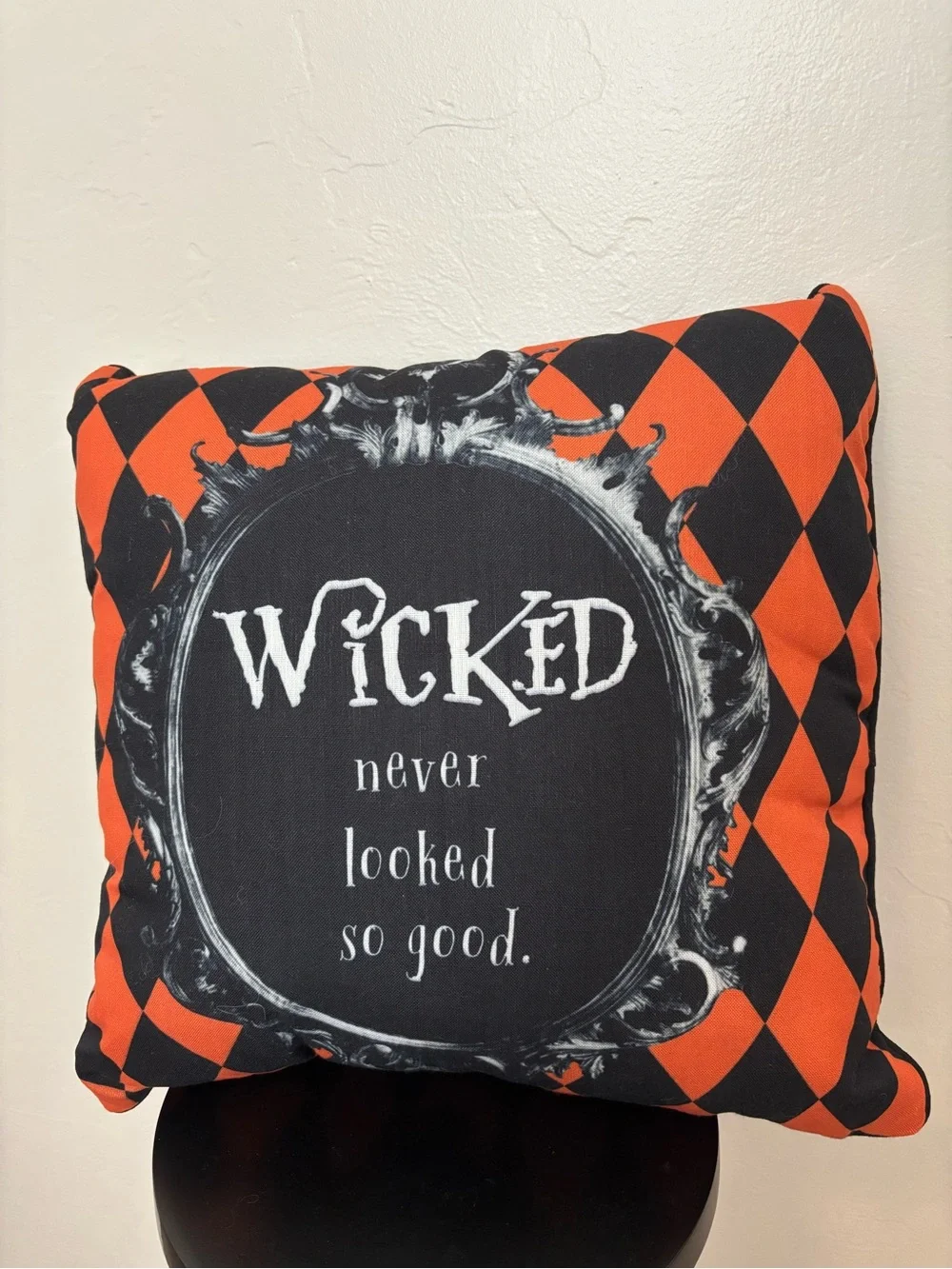 Wicked Decorative Pillow - Orange and Black Halloween Accent- Harlequin print